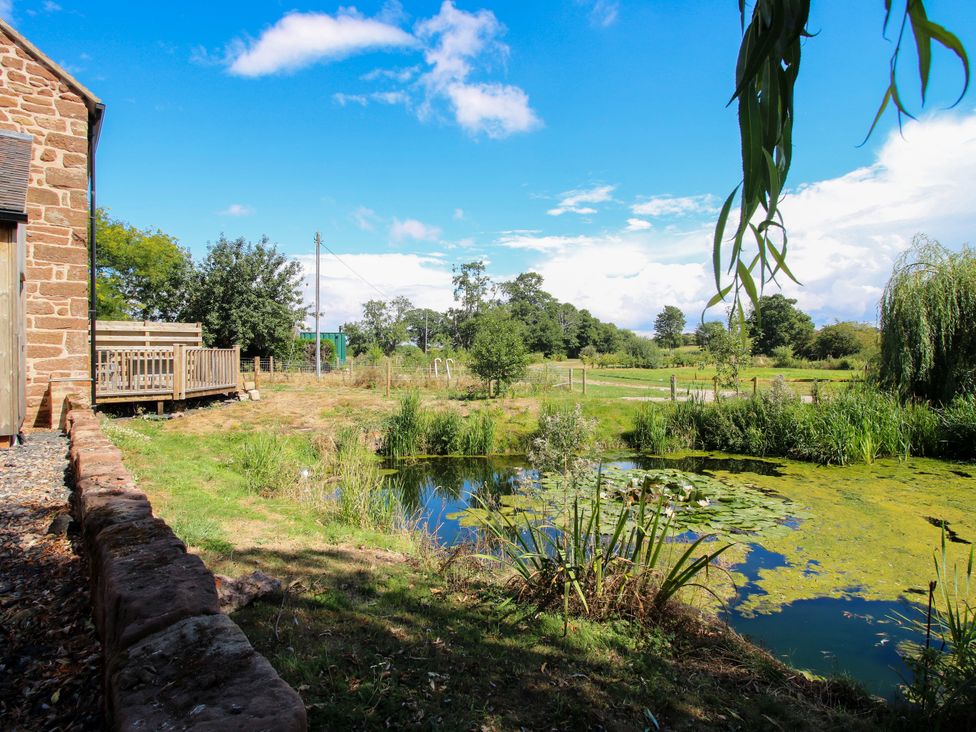 An outdoor area with a pond and wooden deck at The Old Mill Great Bolas near Telford