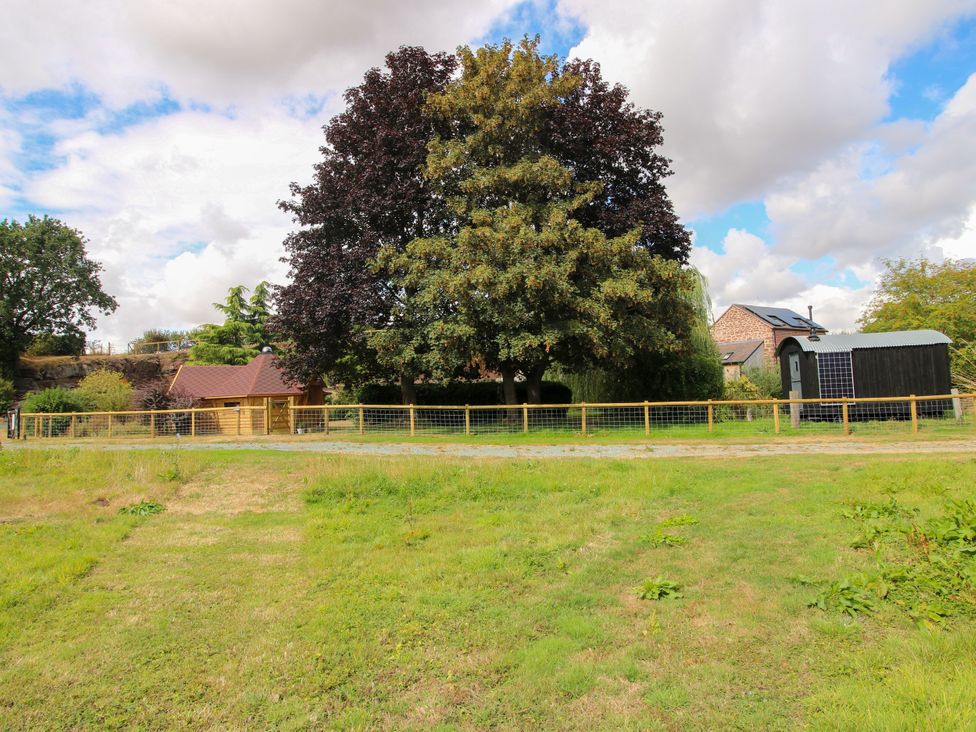 A garden with a large tree and wooden building at The Old Mill Great Bolas near Telford