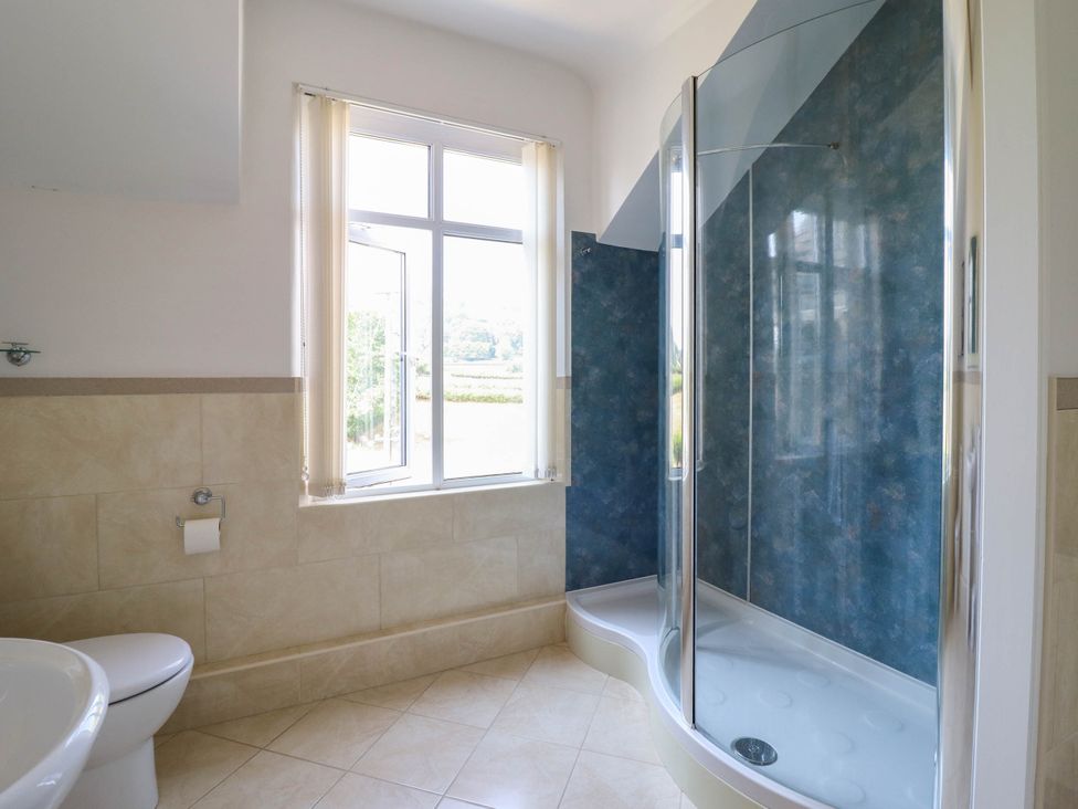 A bathroom with a shower and toilet at Pwll Glas in Caersws