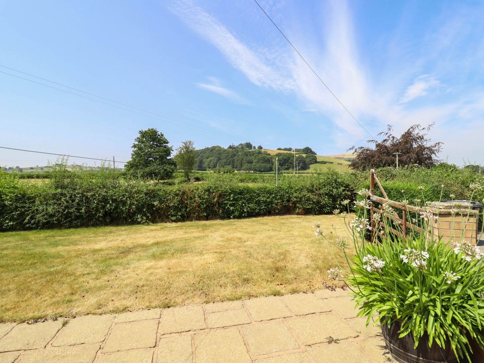 A garden with grass and a patio at Pwll Glas in Caersws