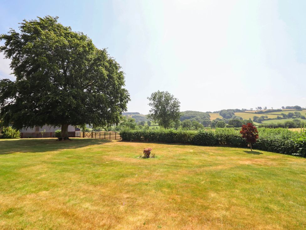 A garden with grass and trees at Pwll Glas in Caersws