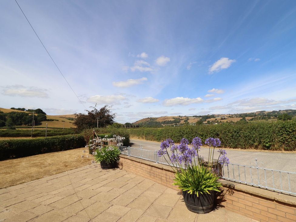 An outdoor area with potted plants and a view of the landscape at Pwll Glas in Trefeglwys