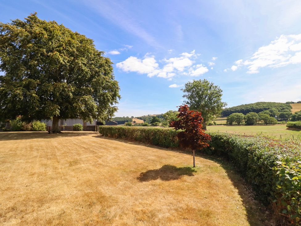 A garden with trees and hedges at Pwll Glas in Trefeglwys