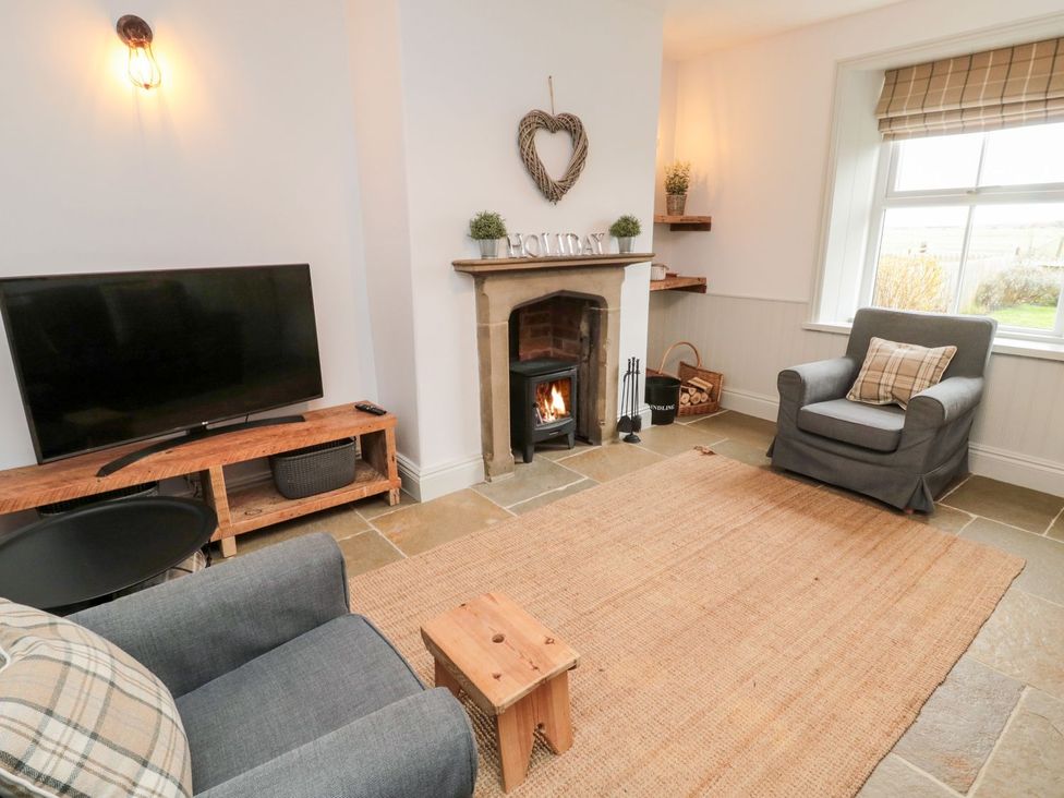 A living room with a television and an armchair at Canny Cottage in Belford