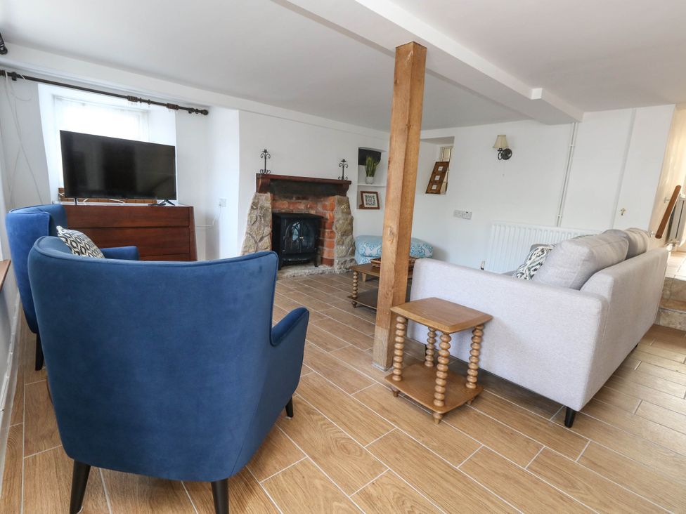 A living room with a television and a fireplace at Greenwich Cottage in Burton Bradstock