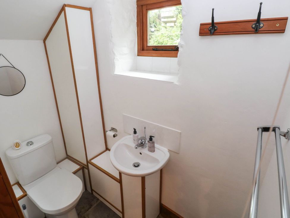 A bathroom with a toilet and sink at Penrhiwoli Barn Cefn Gorwydd