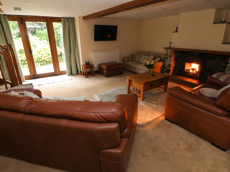 A living room with sofas and a fireplace at Penrhiwoli Barn Cefn Gorwydd