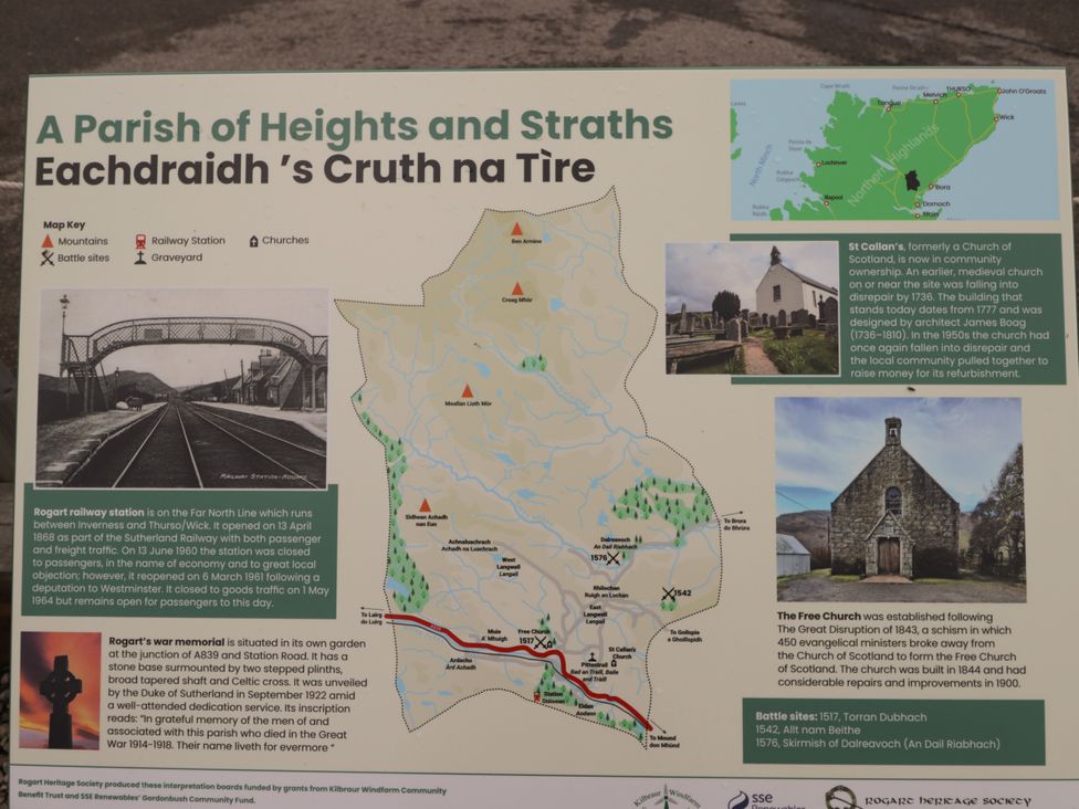 An informational sign about Rogart's history and geography at Tressady Coach House Rogart