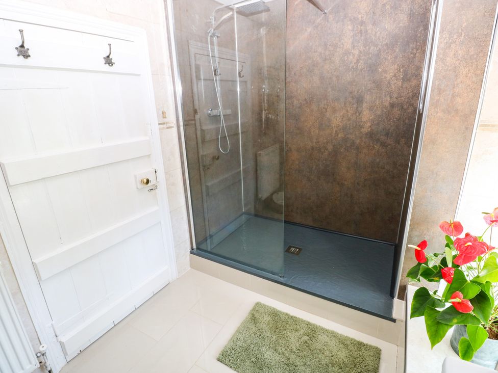 A bathroom with a shower and a door at St.Twynells Farm in Pembroke