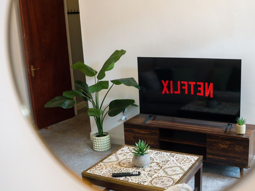 A living room with a television and plant at The Gilder Birmingham City Apartment Birmingham