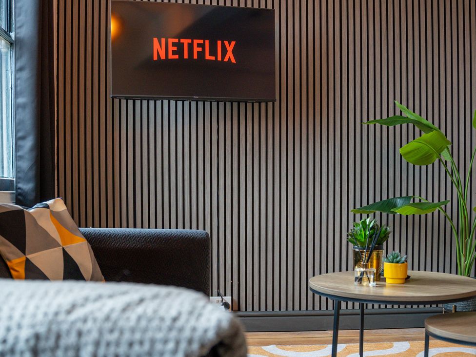 A living room with a television displaying Netflix and a coffee table with plants at The Craftsman Birmingham City Apartment Birmingham