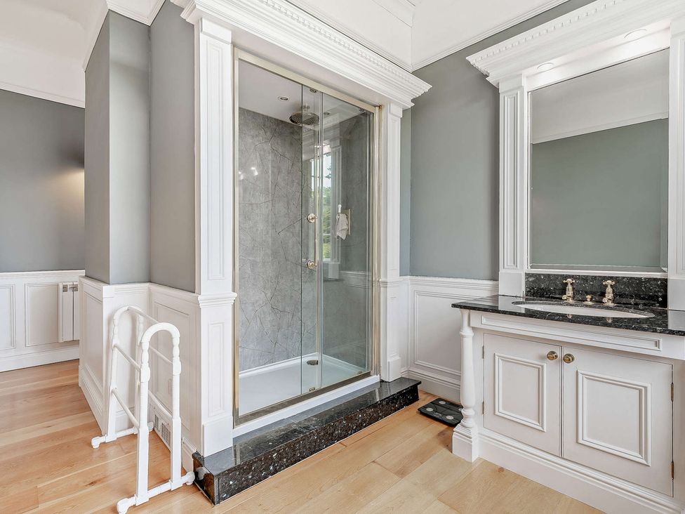 A bathroom with a shower and sink at Staunton Park, Leominster
