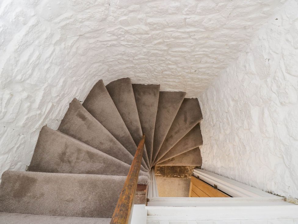 A staircase with carpet and stone wall at Llanfarach Farmhouse near Pontyclun
