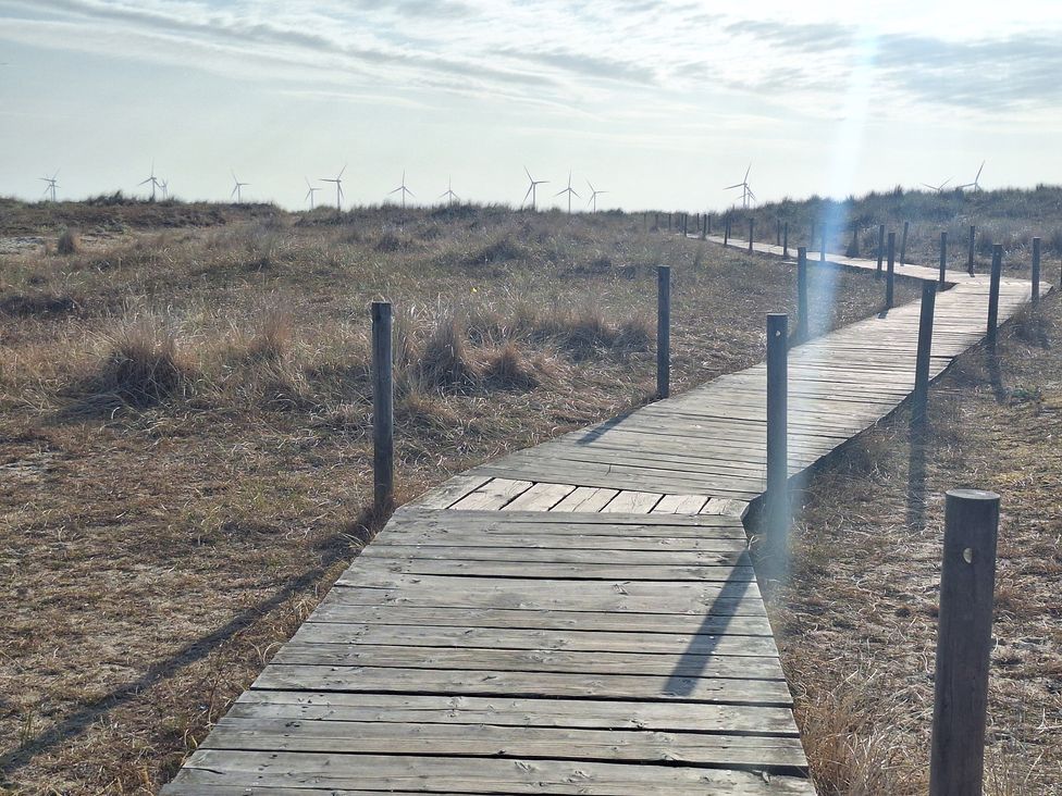 A wooden walkway in a grassy area with wind turbines in the background at Haven Seashore, Ellerton Willerby Xtra, Great Yarmouth