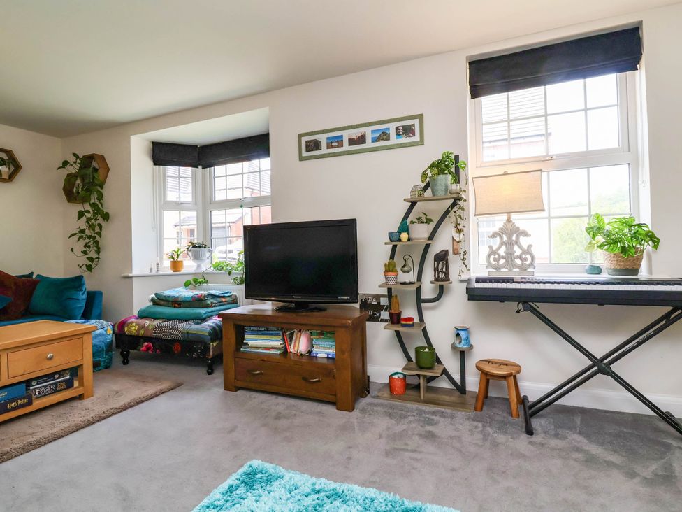 A living room with a television and shelves at Manning's View in Barnstaple