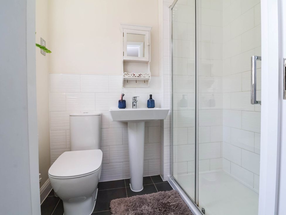 A bathroom with a toilet, sink, and shower at Manning's View in Barnstaple