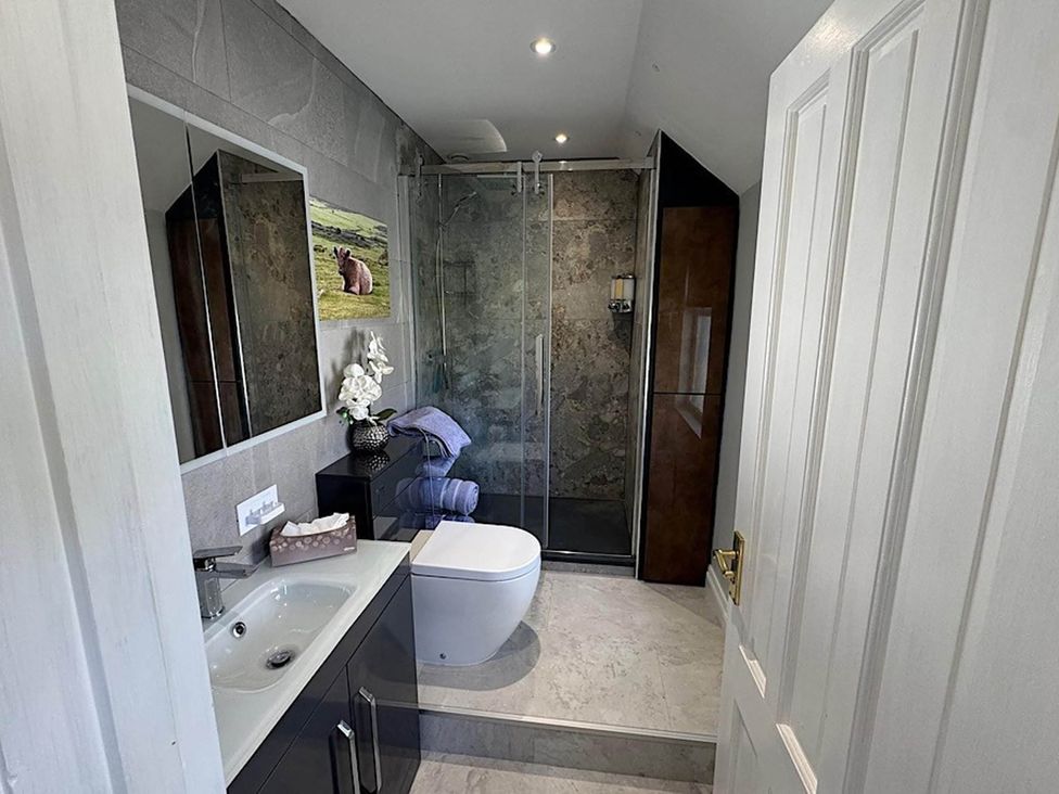A bathroom with a shower and wash basin at River Tamar Couples Retreat Dog Friendly in Newbridge