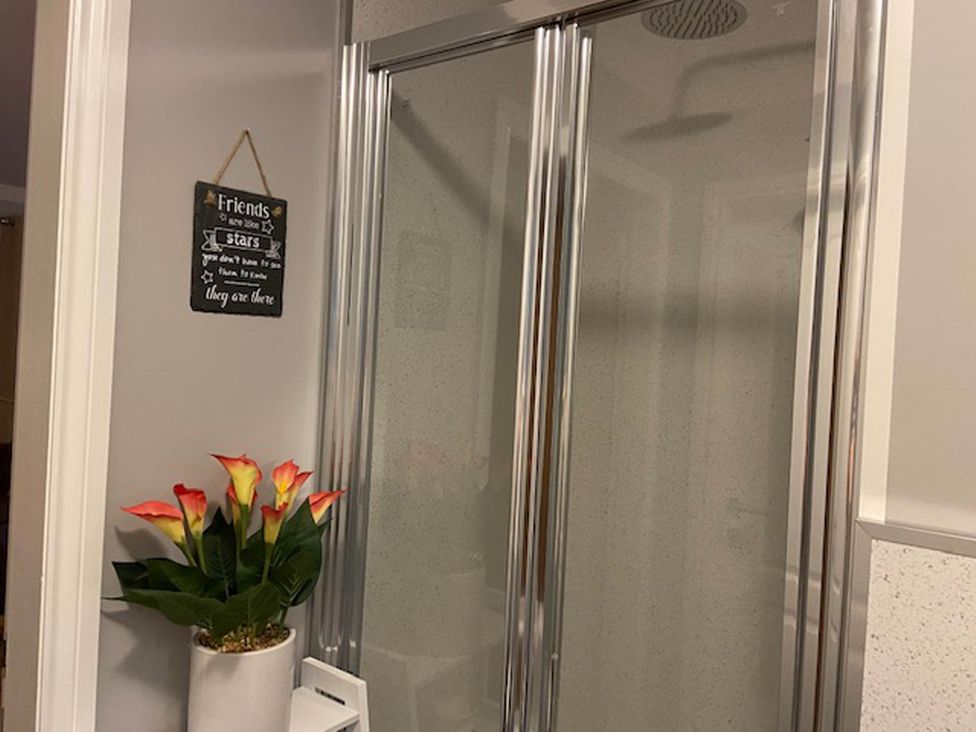 A bathroom with a shower and a flower pot at Blairgowrie Luxury 3 Bed Lodge with Hot Tub, Blairgowrie