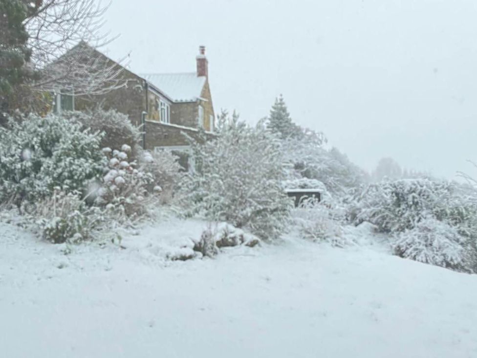 A house surrounded by snow and trees at Stunning 3 Bedroom Cottage near Historic York in Ampleforth