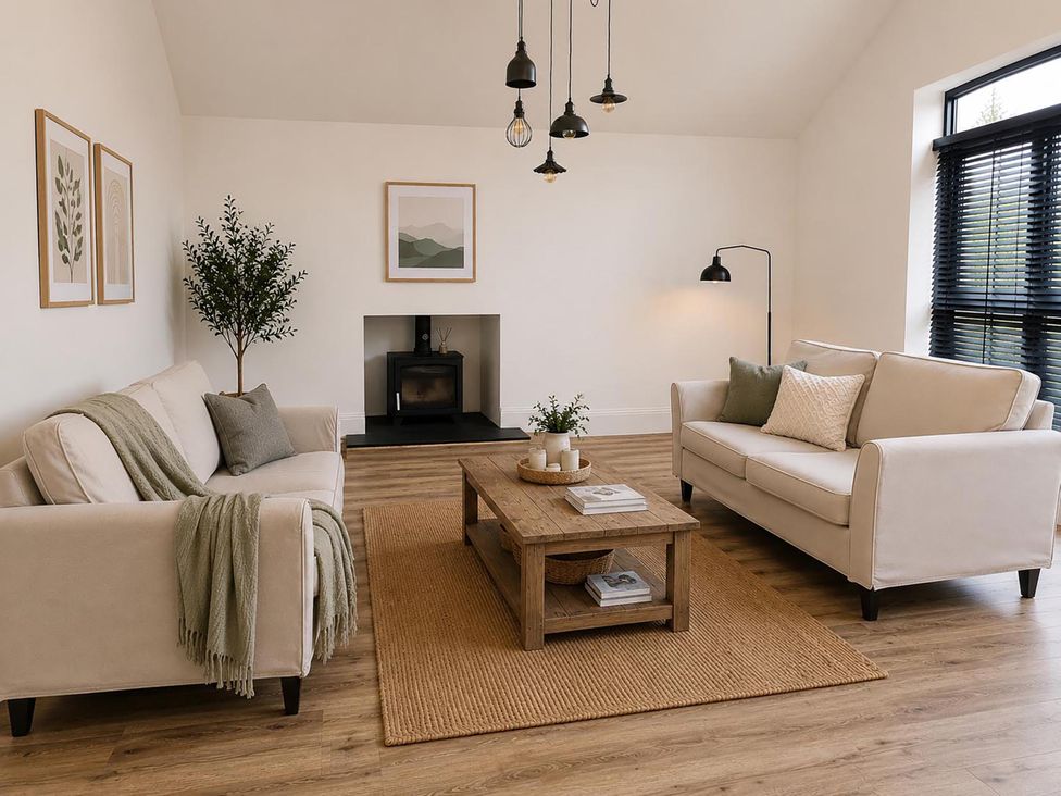 A living room with sofas and a coffee table at Luxury Kent Bungalow Retreat Sleeps 12 Cross-at-Hand near Staplehurst