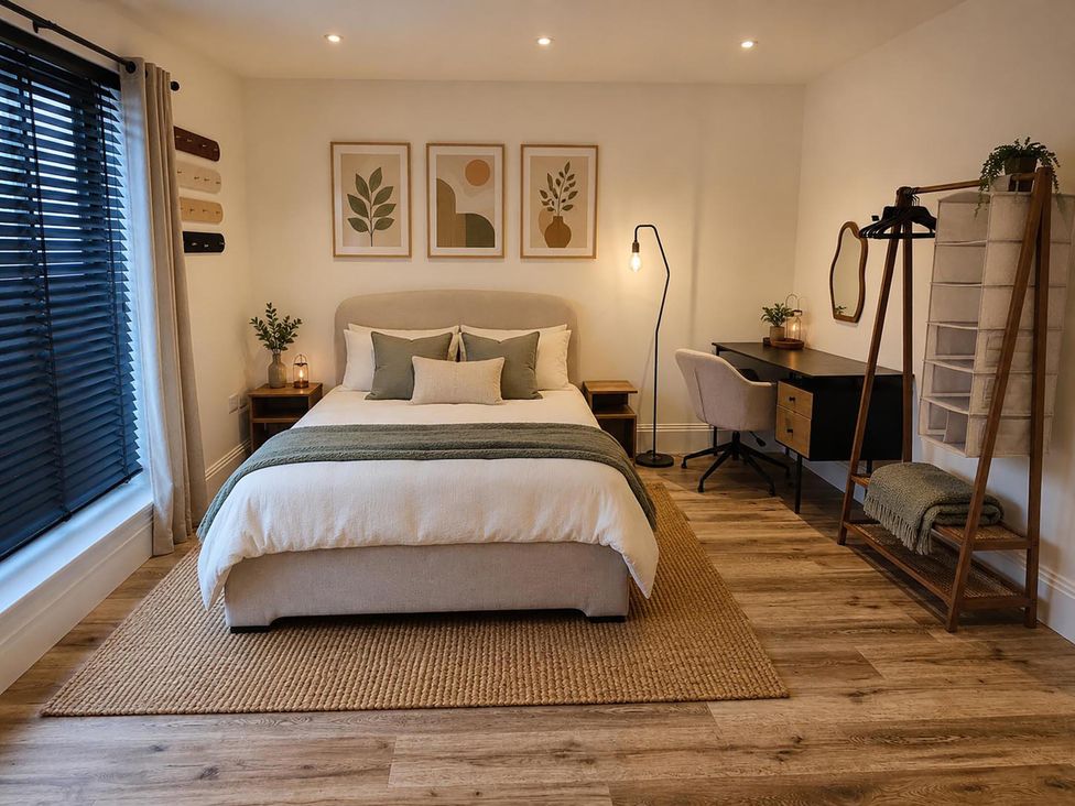 A bedroom with a bed, desk, and clothes rack at Luxury Kent Bungalow Retreat Sleeps 12 in Cross-at-Hand near Staplehurst