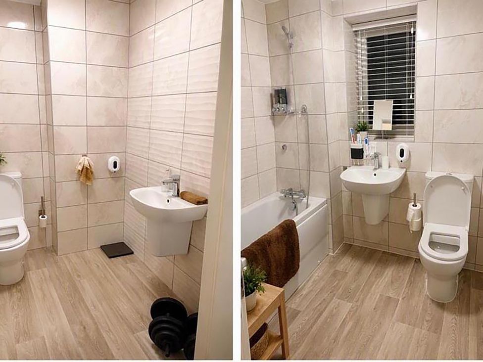 A bathroom with a sink, toilet, shower, and bathtub at The Old Barn in Manchester