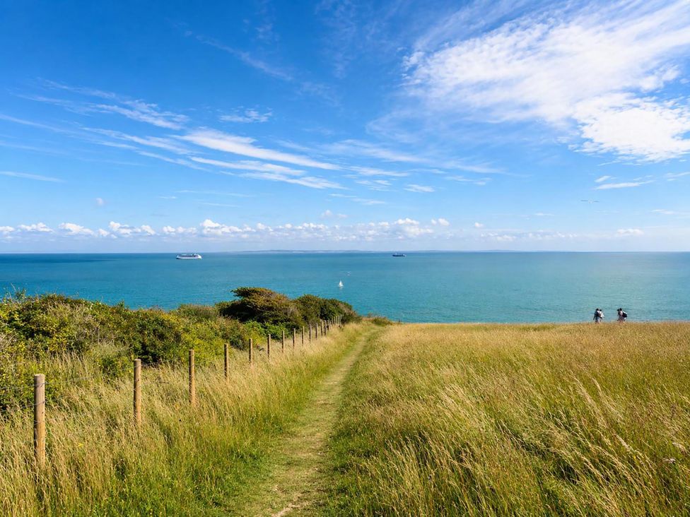 A path leading to the ocean with grass and a fence at Coastal Chalet Retreat in St Margaret's Bay