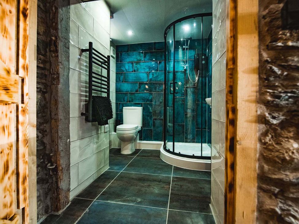A bathroom with a shower and toilet at The Milking Shed at Pencraig Pet Friendly near Holyhead