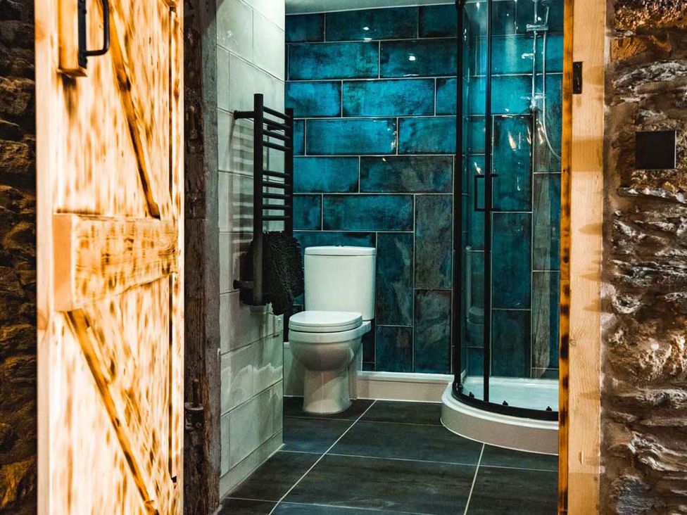 A bathroom featuring a shower and a toilet at The Milking Shed at Pencraig Pet Friendly near Holyhead