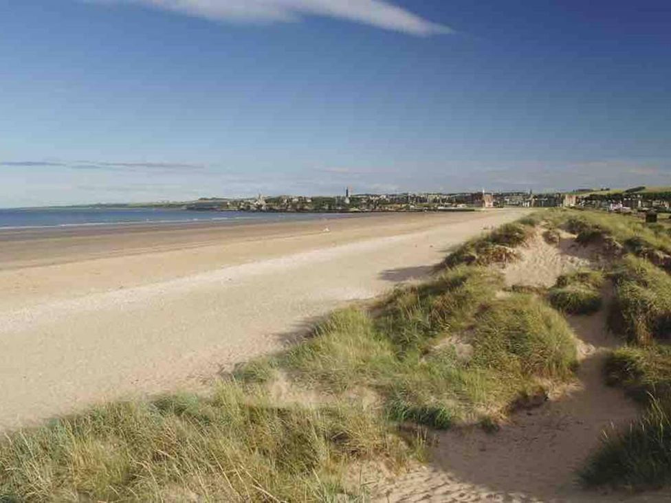 A beach with sand dunes and water at a coastal town