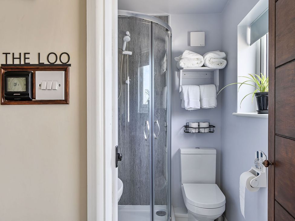 A bathroom with shower, toilet, towels, and a small plant at Studio Sleeps 2 with Parking and Garden Trewidland near Liskeard