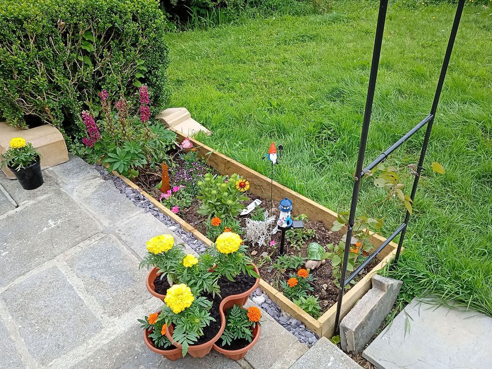 A flower bed with marigolds and a garden gnome at Studio Sleeps 2 with Parking and Garden, Trewidland near Liskeard