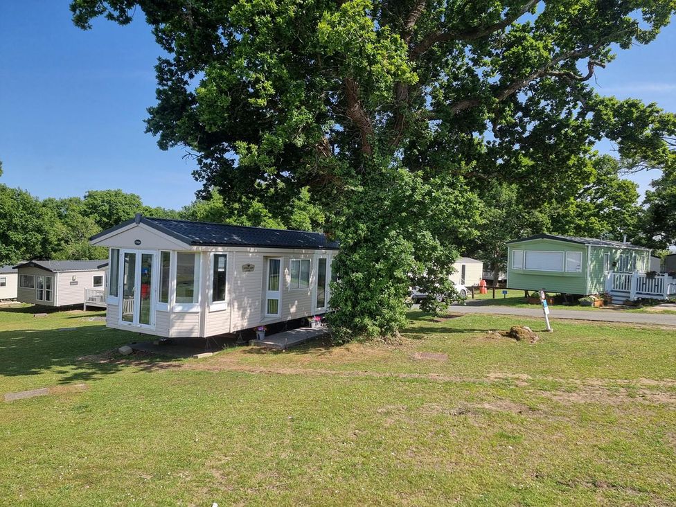 A static caravan next to a large tree at Thorness Bay