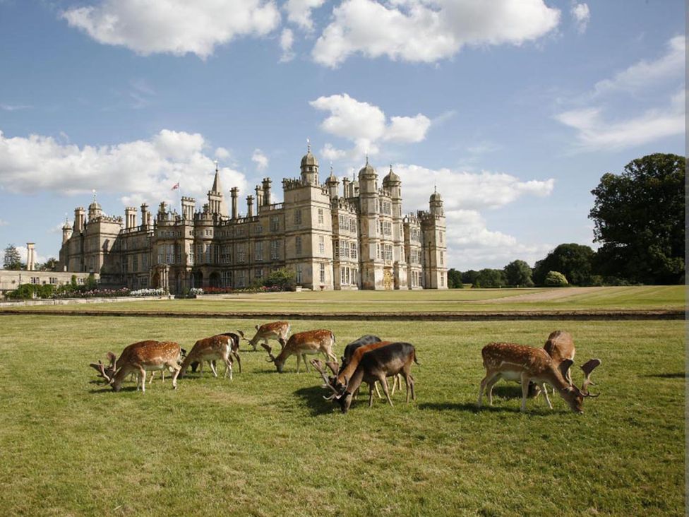 A castle with deer grazing on the lawn