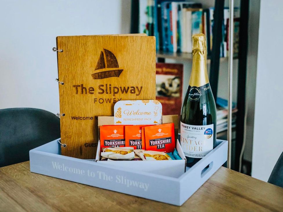 A welcome package with tea and cider at The Slipway Fowey Harbour with Garden Fowey
