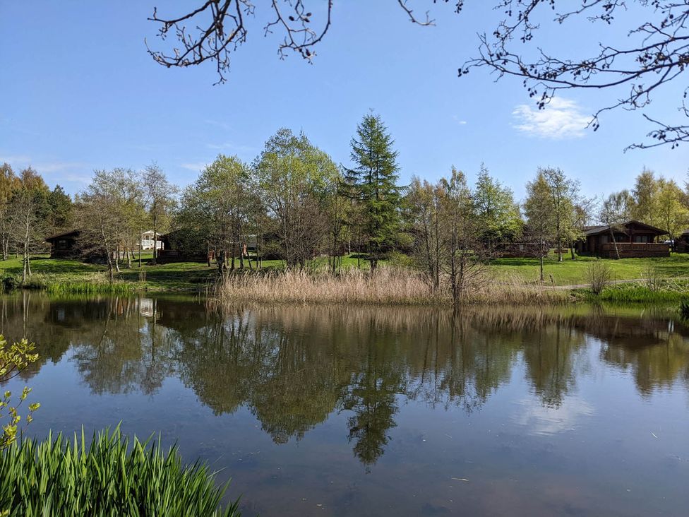 A lake with reflections of trees and cabins at Felmoor Park near Felton