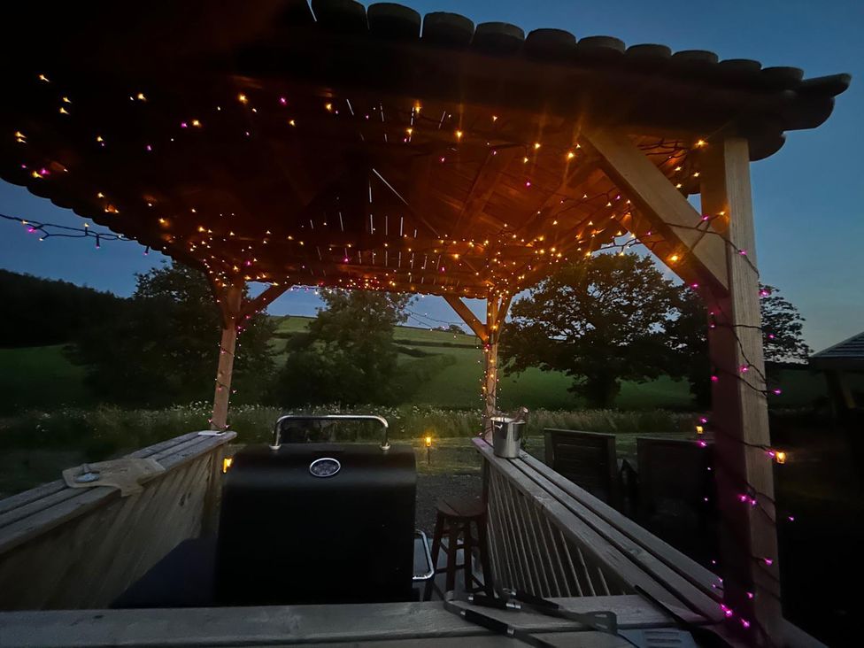 An outdoor seating area with a grill and lights at a property