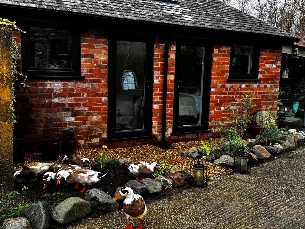 An outdoor area with a brick wall and ducks near a building at the property in unspecified location