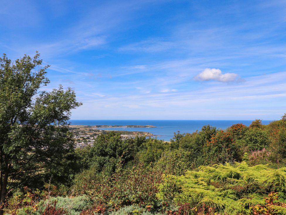A landscape view of the sea and trees at Hafod in Nefyn
