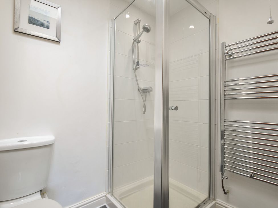 A bathroom with a shower and toilet at The Old Wagon House in Torpoint