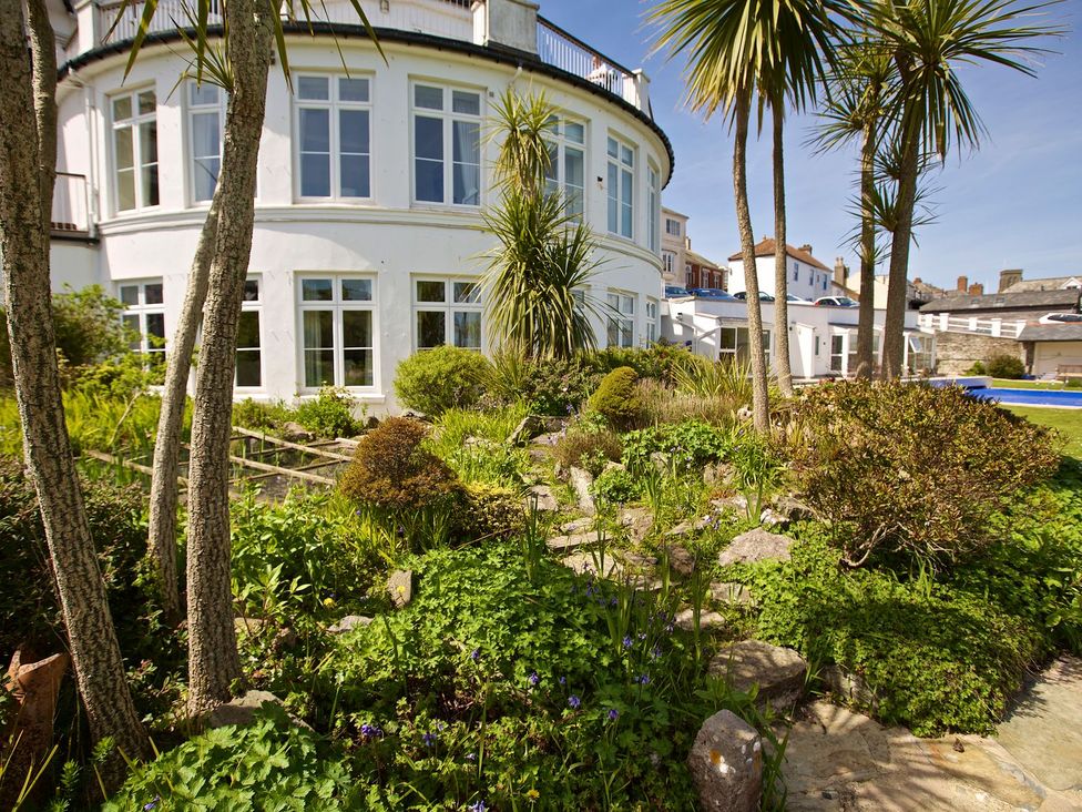 A garden with plants and a building in the background at 4 The Salcombe in Salcombe
