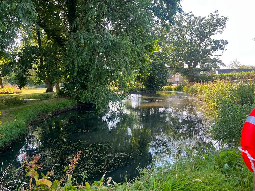 A pond surrounded by trees and grass at French Mill in Shaftesbury