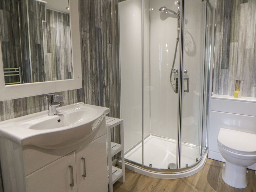A bathroom with sink, mirror, shower, and toilet at Dewi Villa Apartment Aberaeron