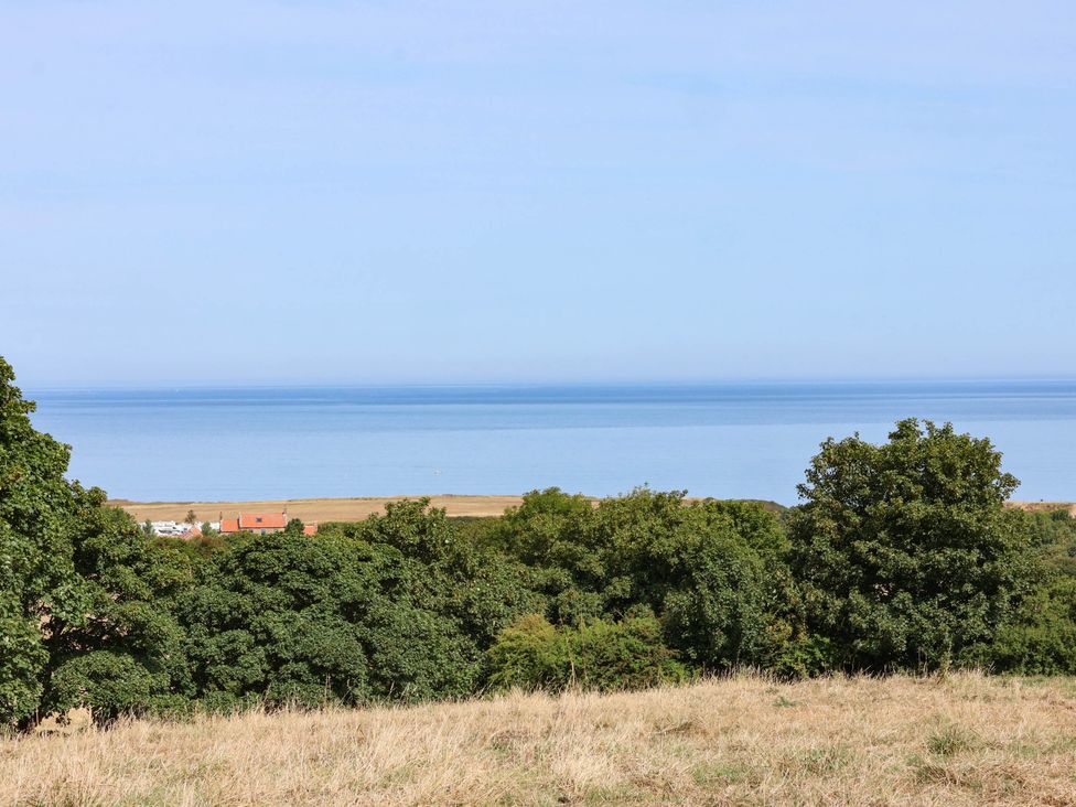 A view of the ocean and trees from a grassy area at Farmhouse in Whitby