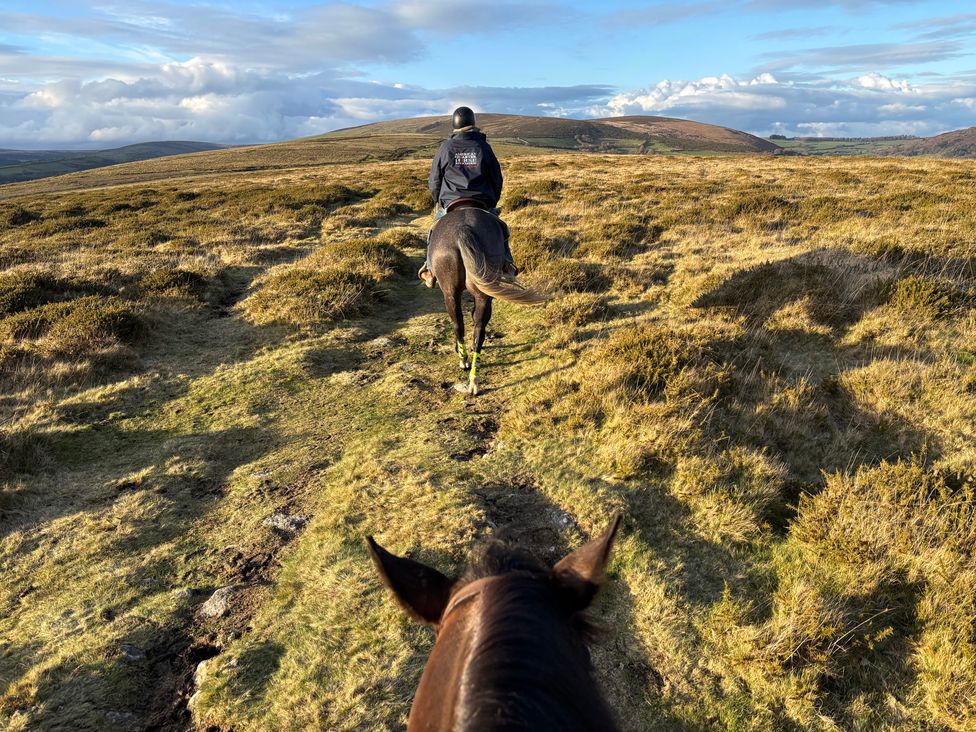 A person riding a horse on a path in a grassy area with hills at Brimble Cottage at Dockwell Farm near Widecombe-In-The-Moor