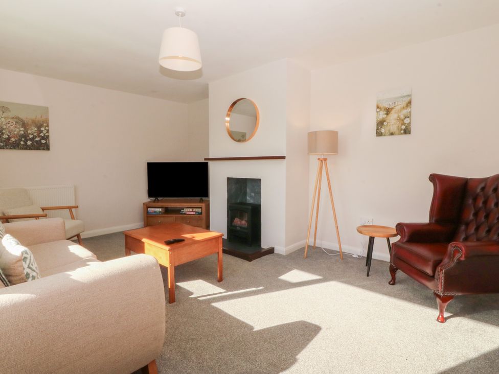A living room with a TV and fireplace at Wilpol in Llanerchymedd
