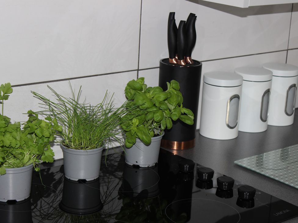A kitchen with herbs in pots and storage canisters at Oliver Wests Apartment 1 in Scarborough