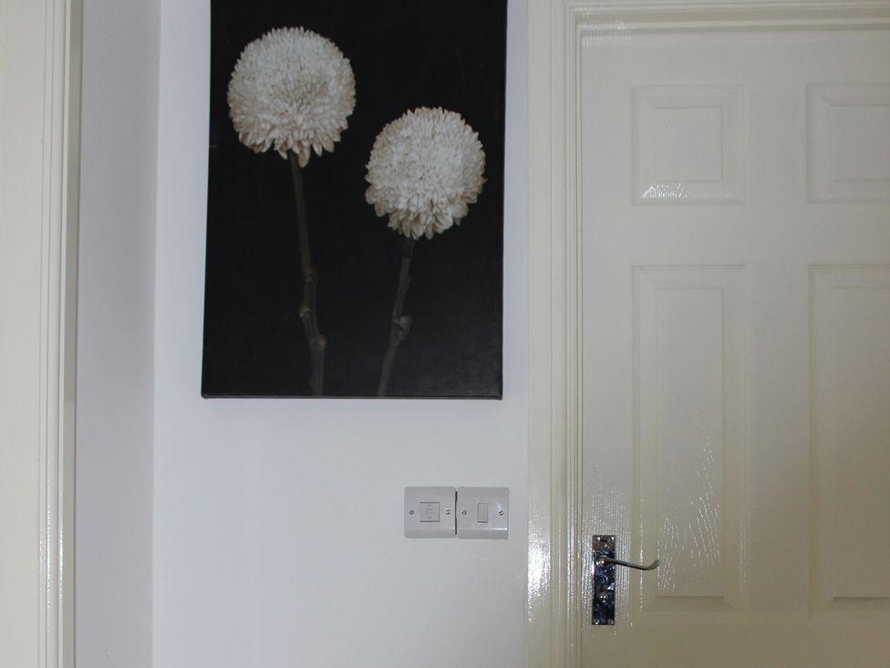 A wall with light switch and door next to a floral wall art at Oliver Wests Apartment 1, Scarborough