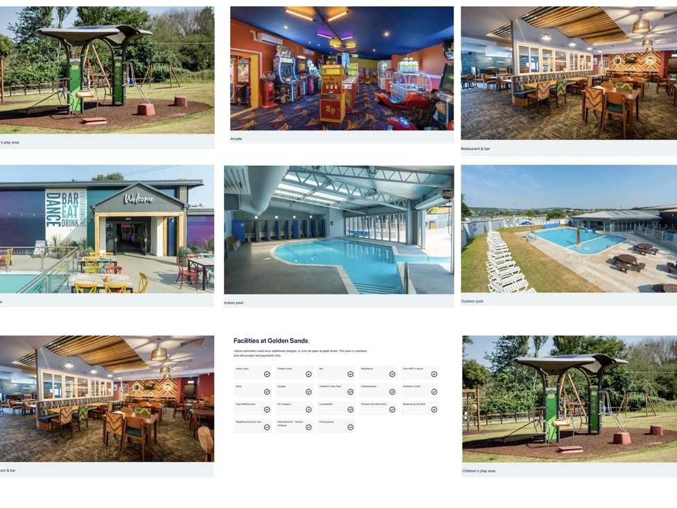 Various facilities including playground, arcade, restaurant, indoor pool, and outdoor pool at Golden Sands Holiday Park Dawlish