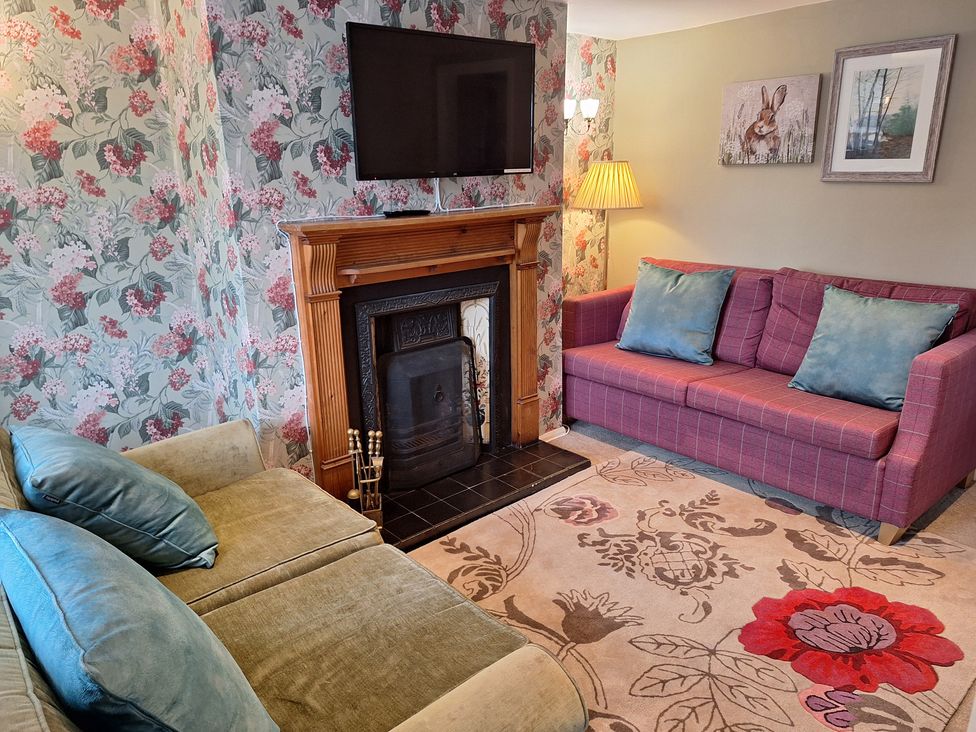A living room with a television and a fireplace at Fryers Cottage Seamer, North Yorkshire